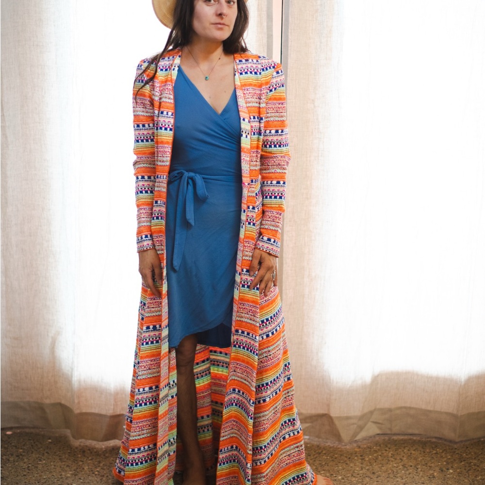We Are LEONE Designer multi-colored floor length woven overcoat, festival chic.